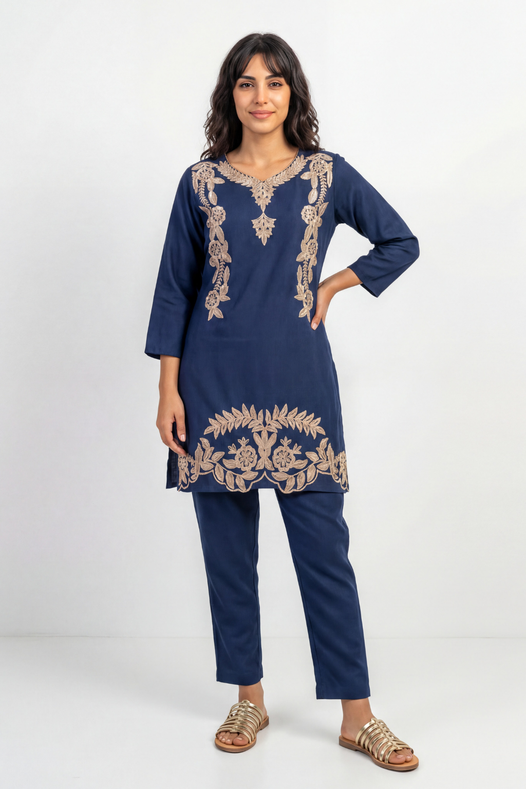 Navy Blue Aari Work Cotton Co-ord Set | Handcrafted Embroidery