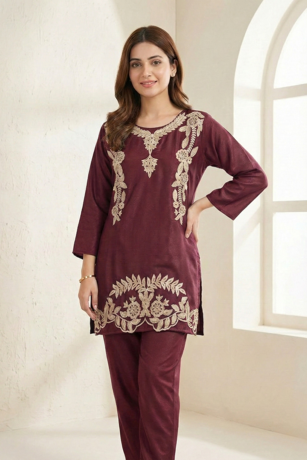 Maroon Aari Work Cotton Co-ord Set | Handcrafted Embroidery