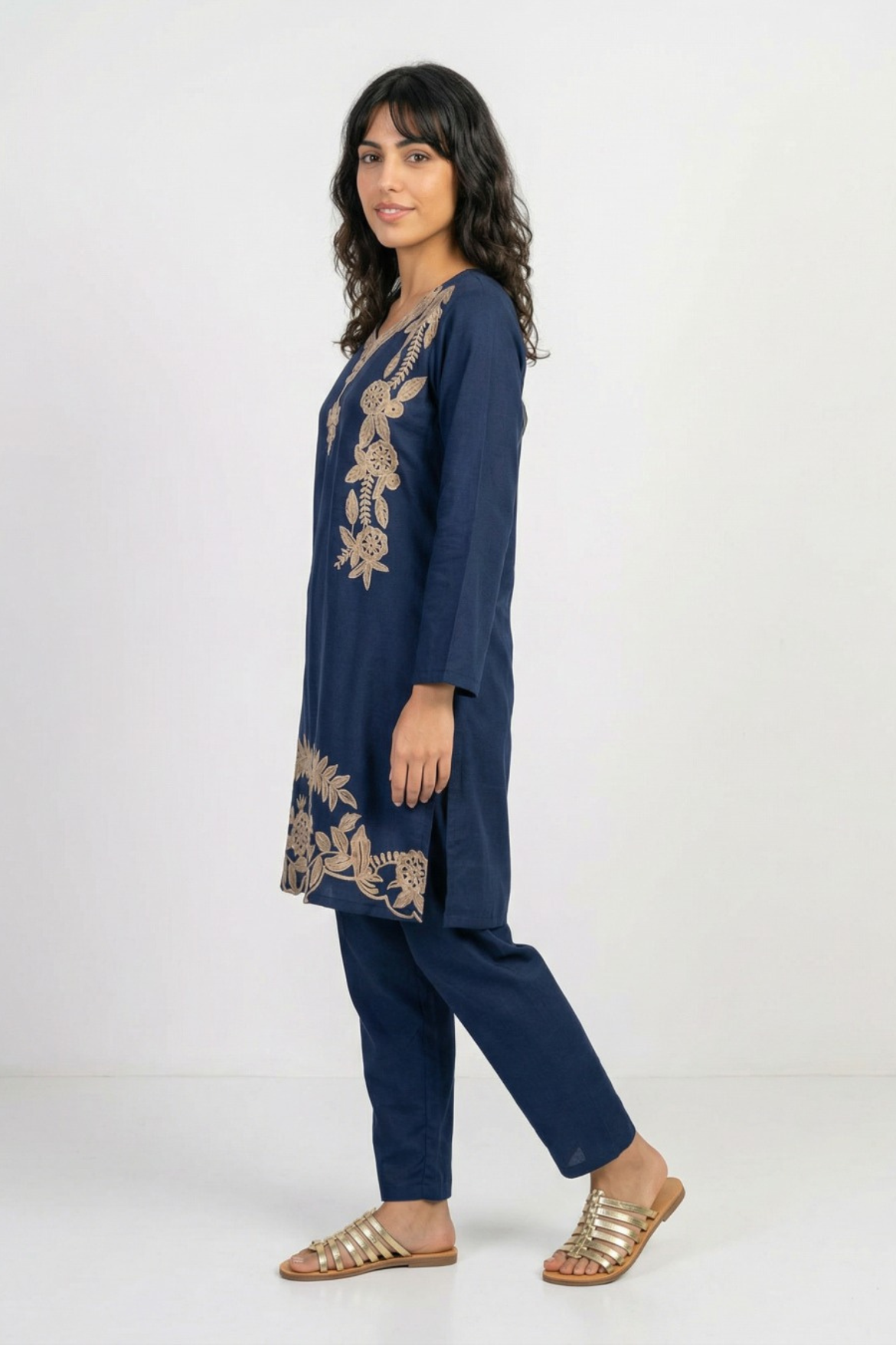 Navy Blue Aari Work Cotton Co-ord Set | Handcrafted Embroidery