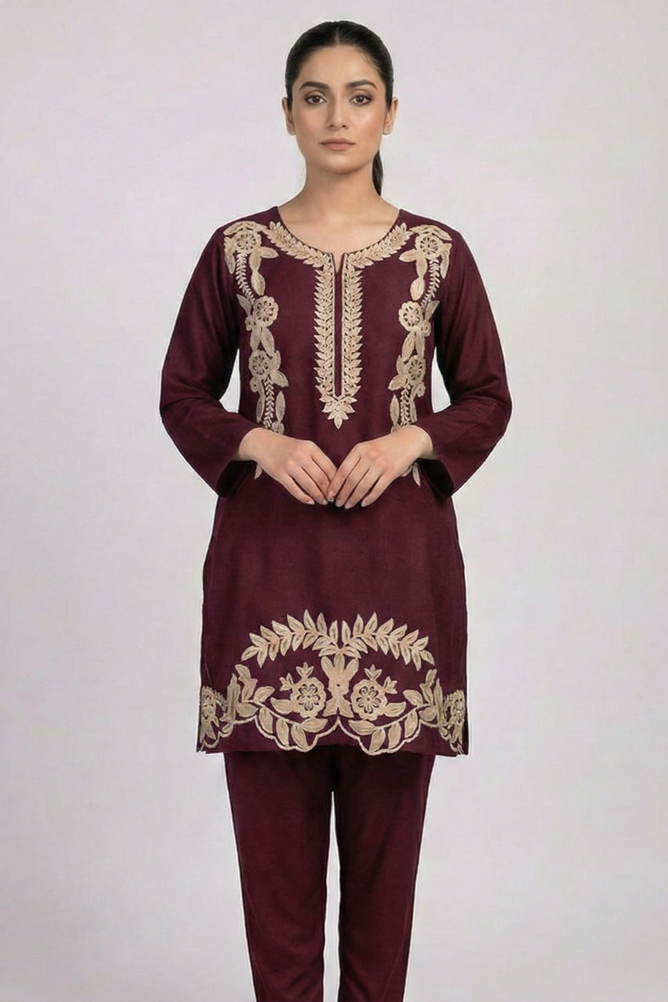 Maroon Aari Work Cotton Co-ord Set | Handcrafted Embroidery