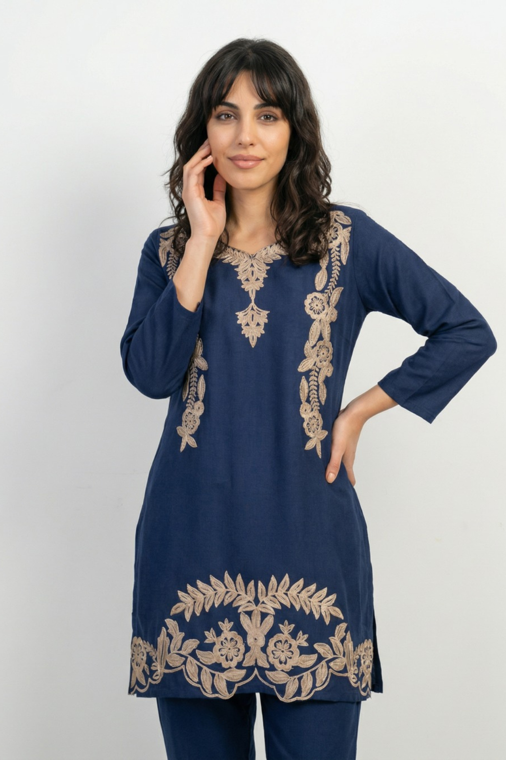 Navy Blue Aari Work Cotton Co-ord Set | Handcrafted Embroidery