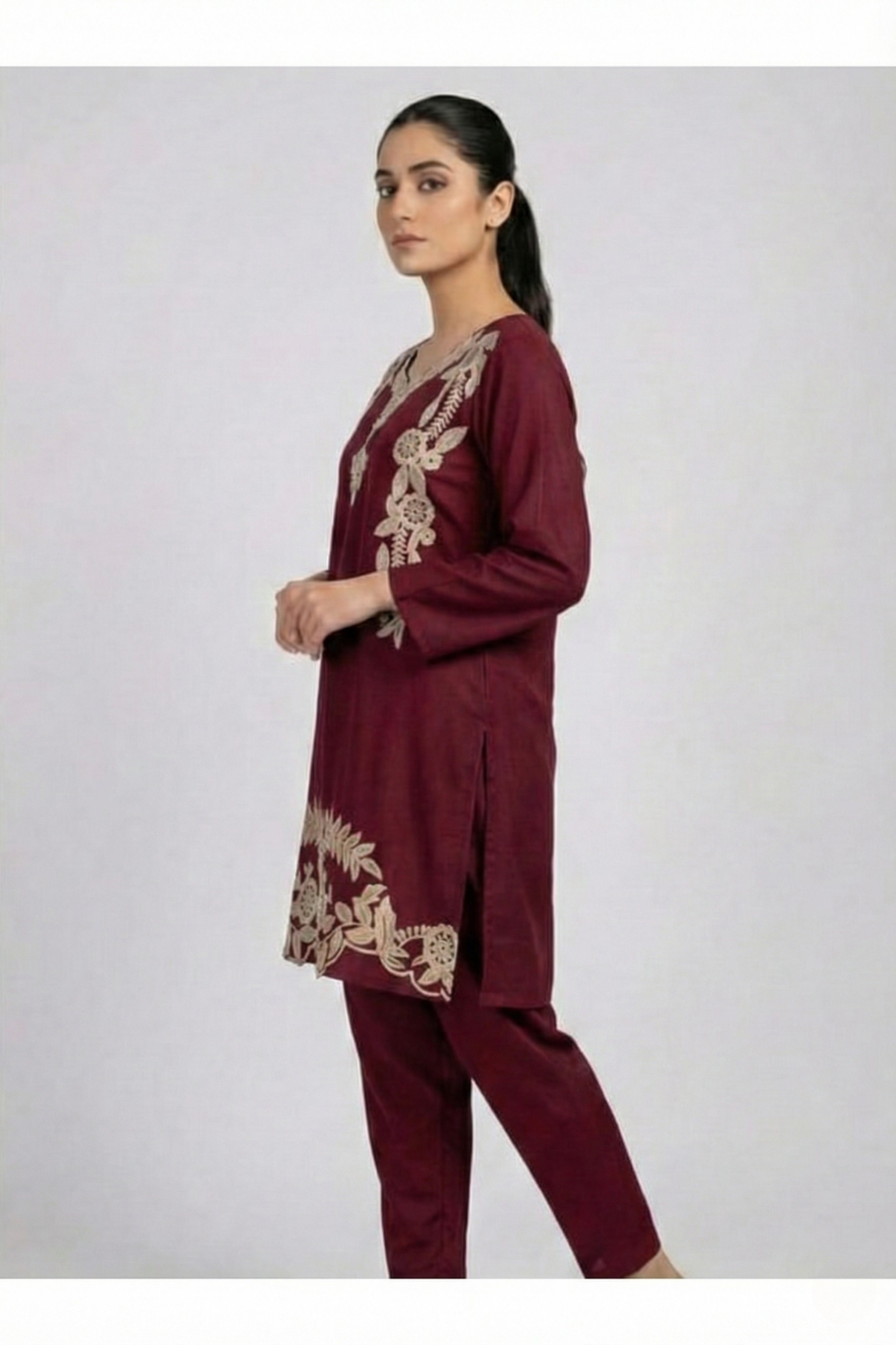 Maroon Aari Work Cotton Co-ord Set | Handcrafted Embroidery