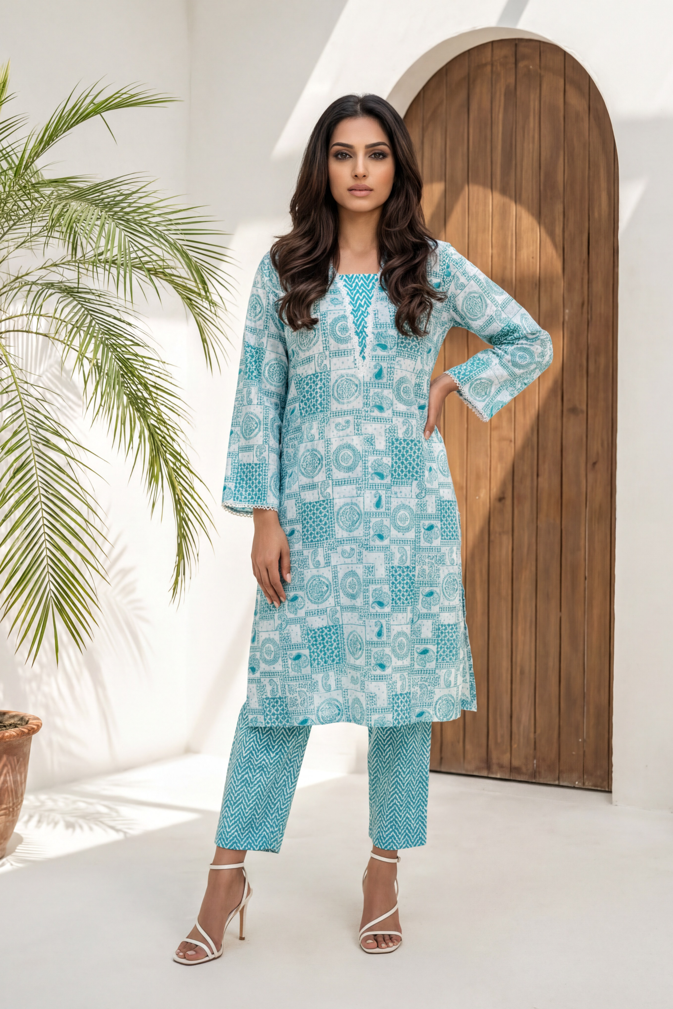 Teal Tile Print Kurta Set