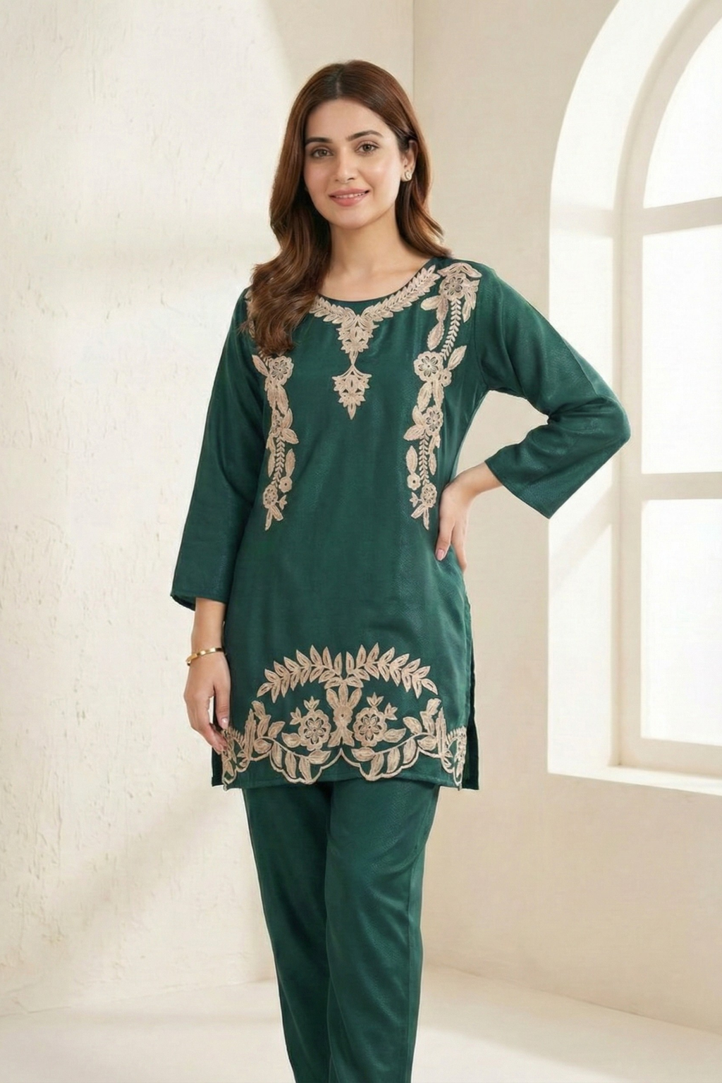 Green Aari Work Cotton Co-ord Set | Handcrafted Embroidery