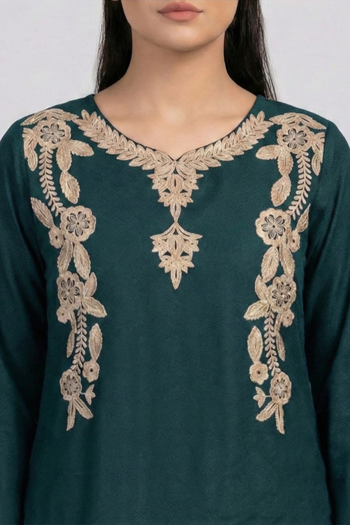 Green Aari Work Cotton Co-ord Set | Handcrafted Embroidery