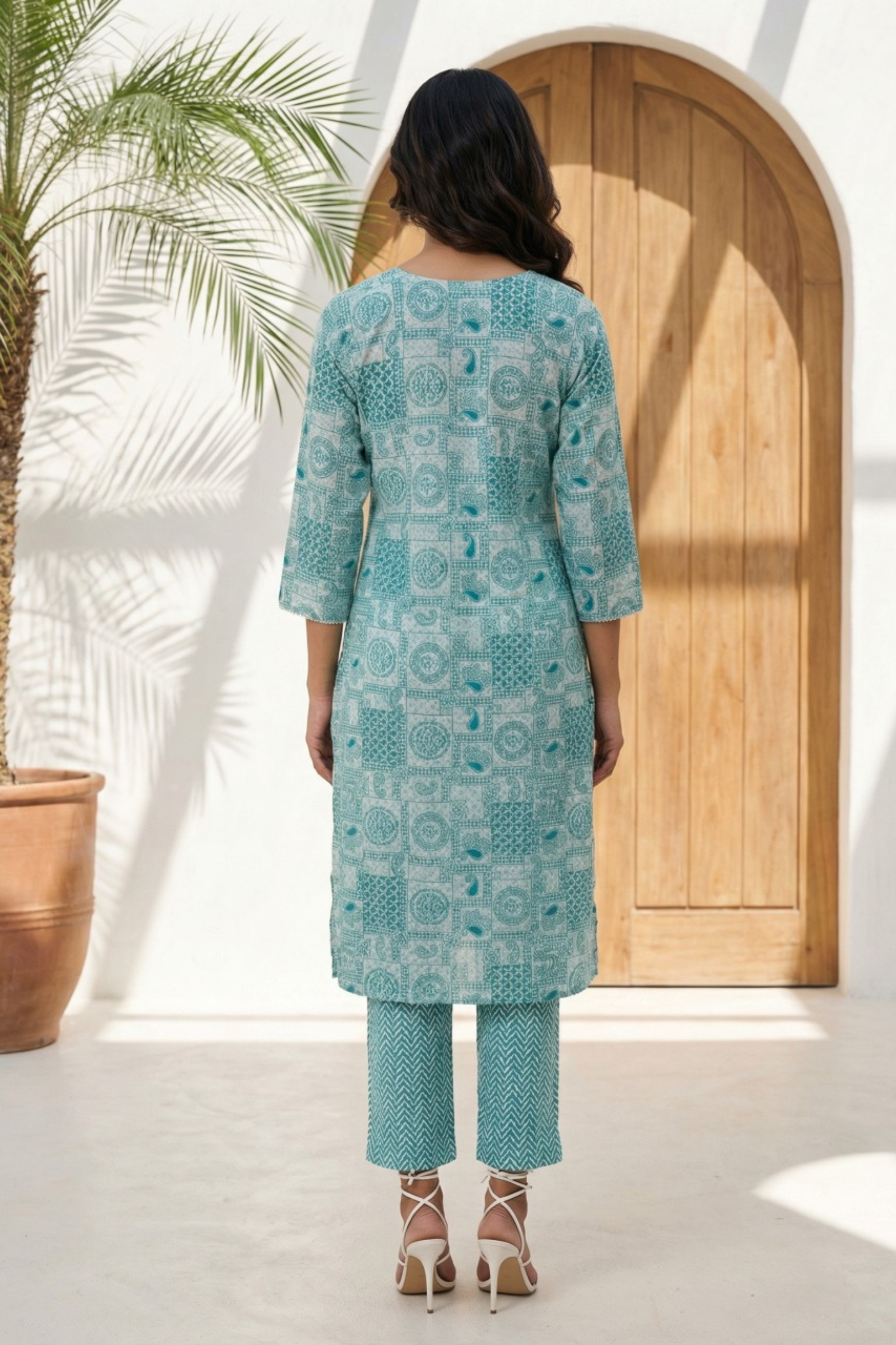 Teal Tile Print Kurta Set