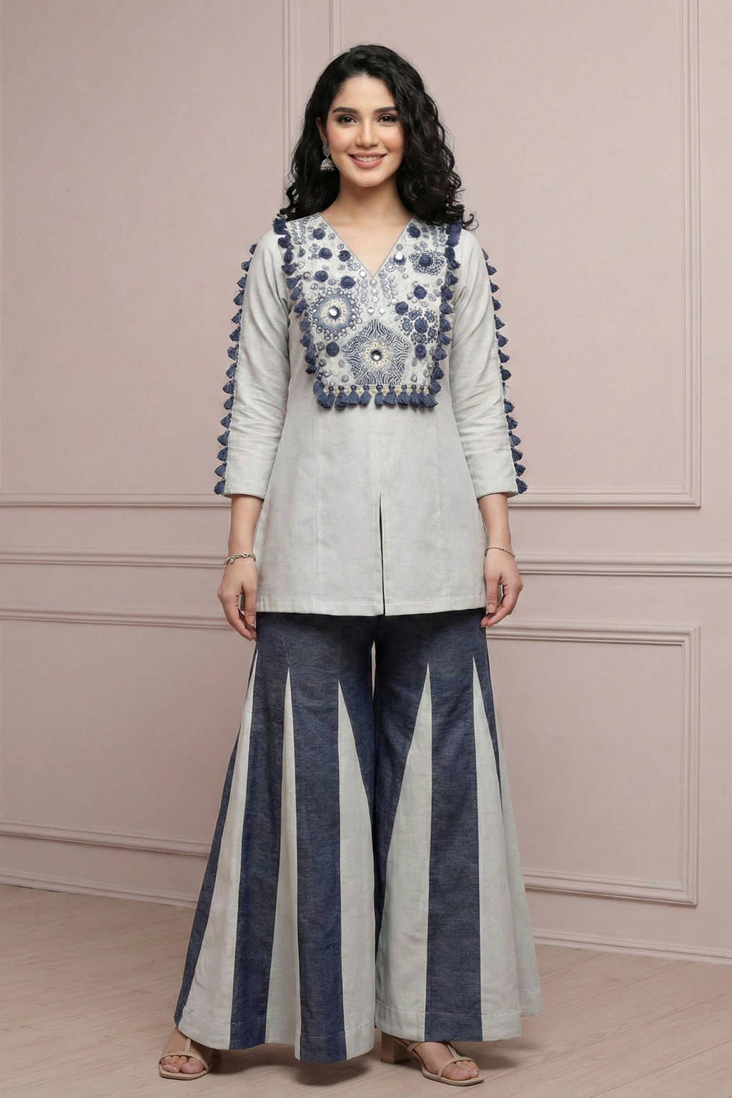 Ivory Mirror Work Kurta Set with Navy Striped Palazzo