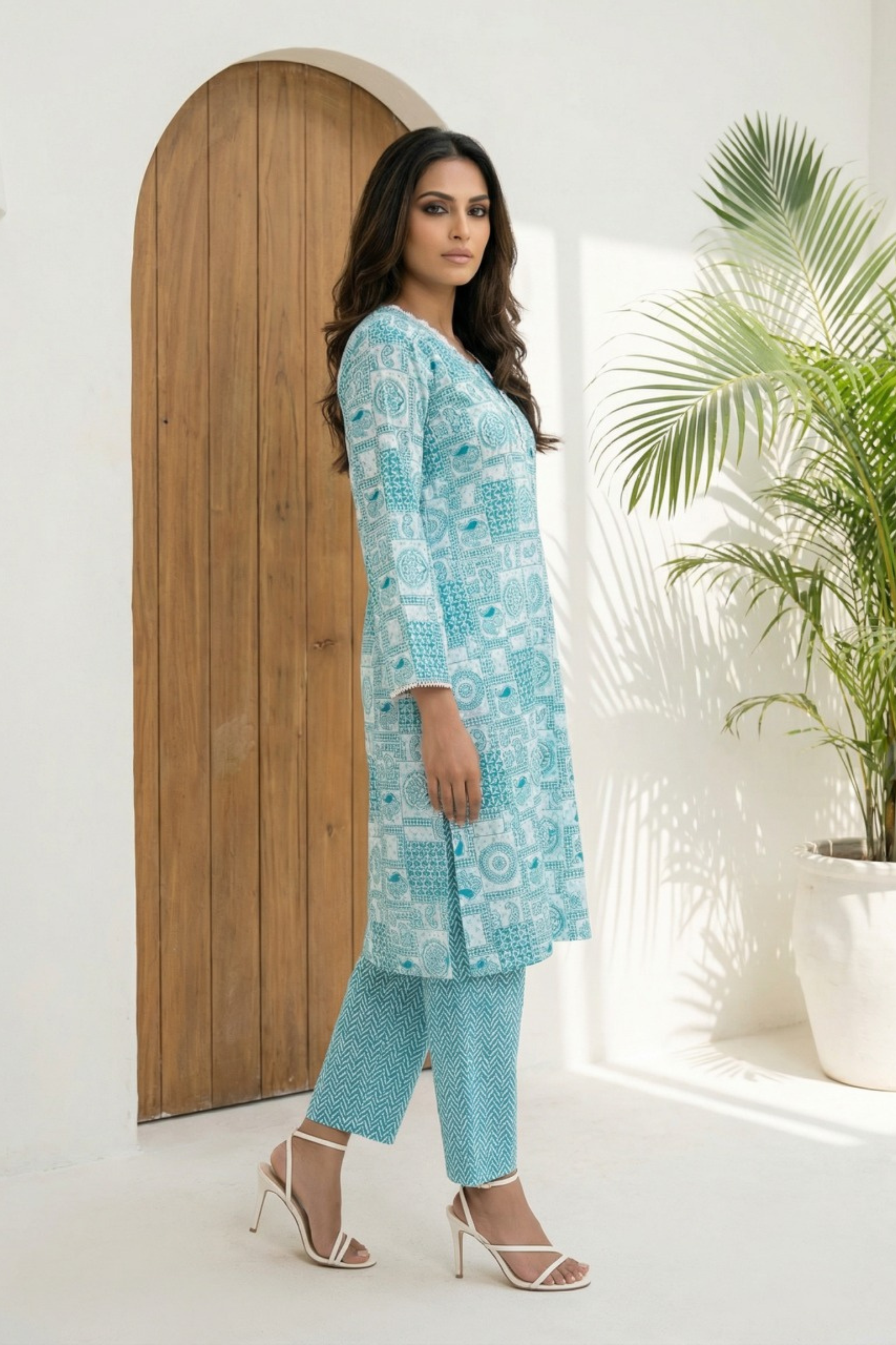 Teal Tile Print Kurta Set