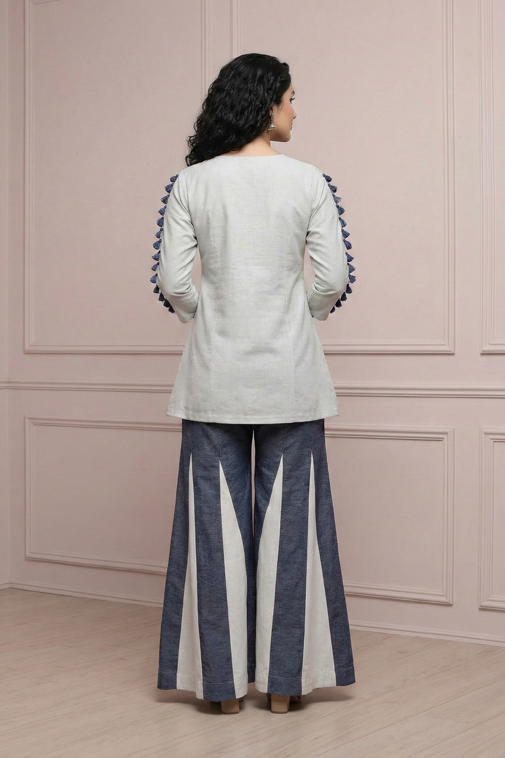 Ivory Mirror Work Kurta Set with Navy Striped Palazzo