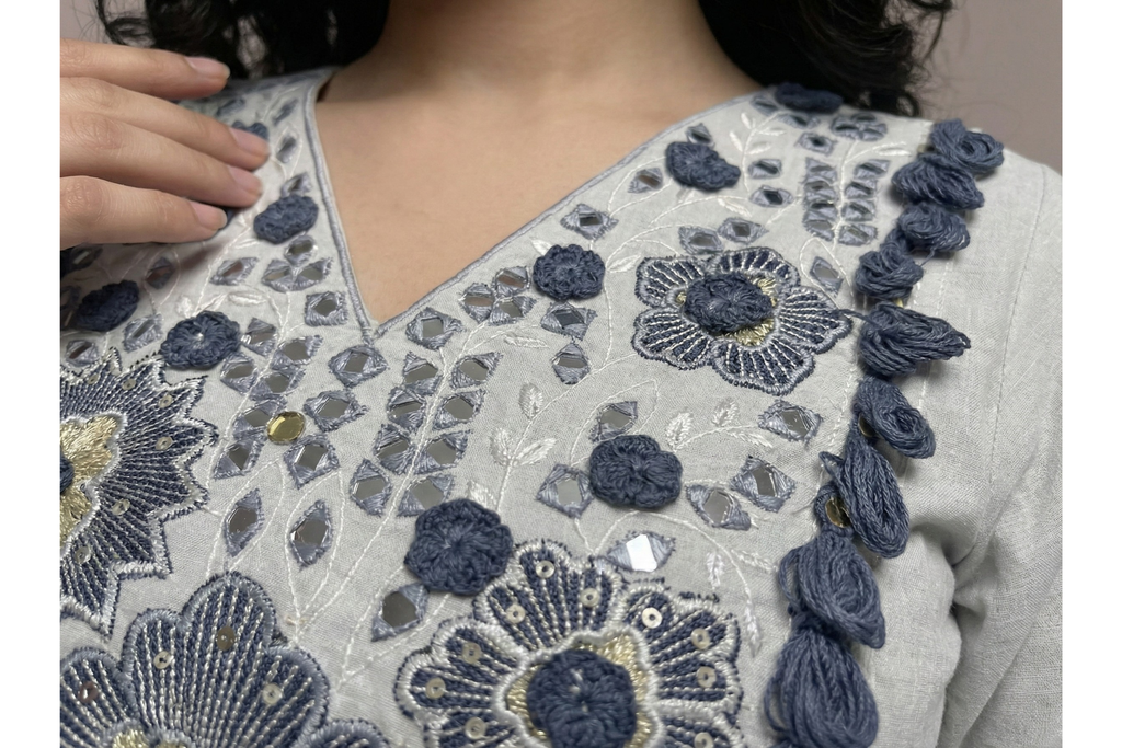 Ivory Mirror Work Kurta Set with Navy Striped Palazzo