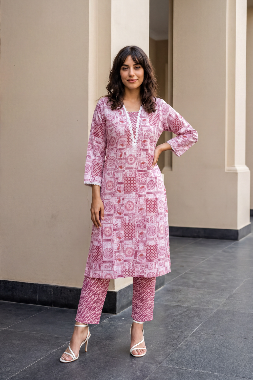 Rose Tile Print Kurta Set