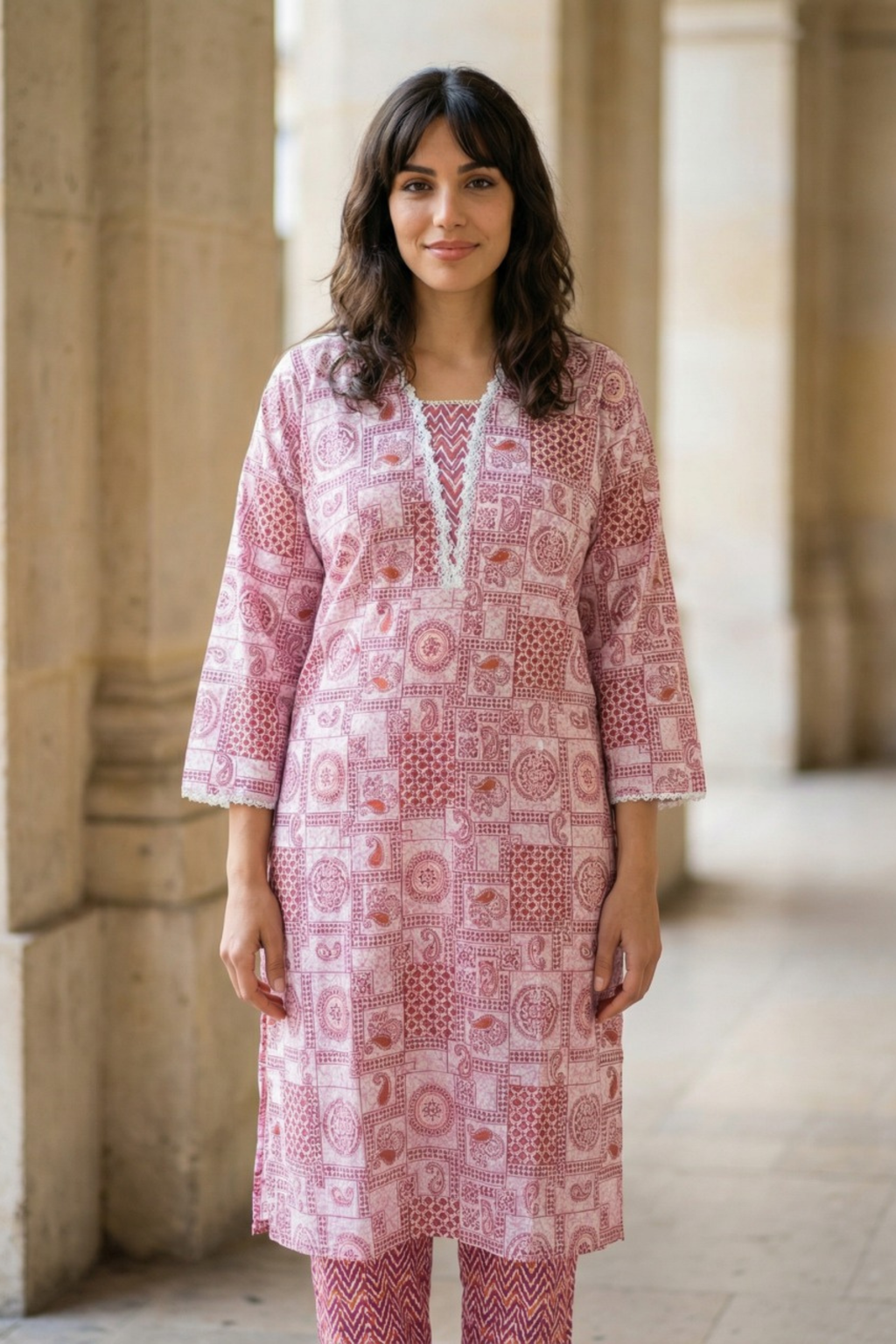 Rose Tile Print Kurta Set