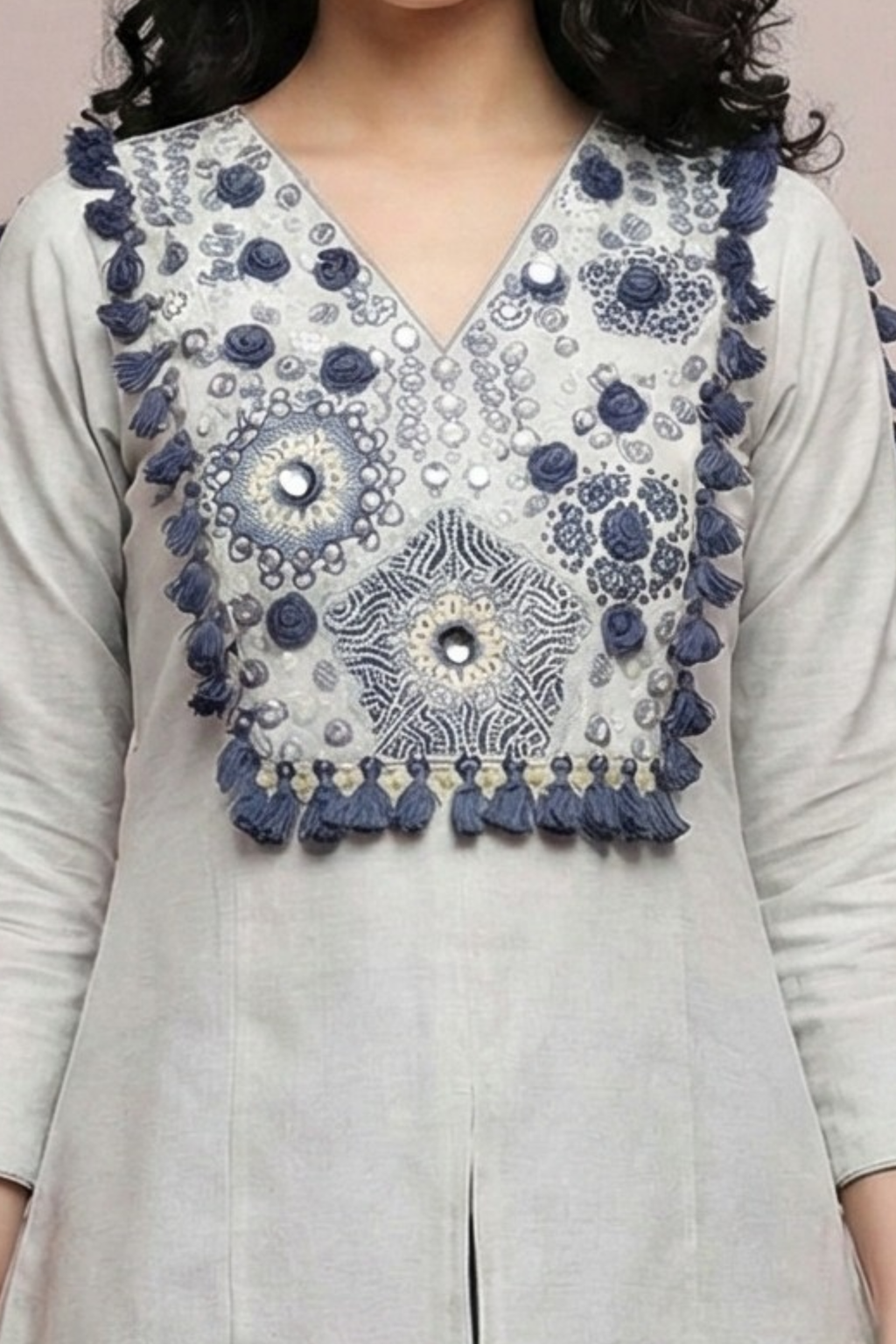 Ivory Mirror Work Kurta Set with Navy Striped Palazzo