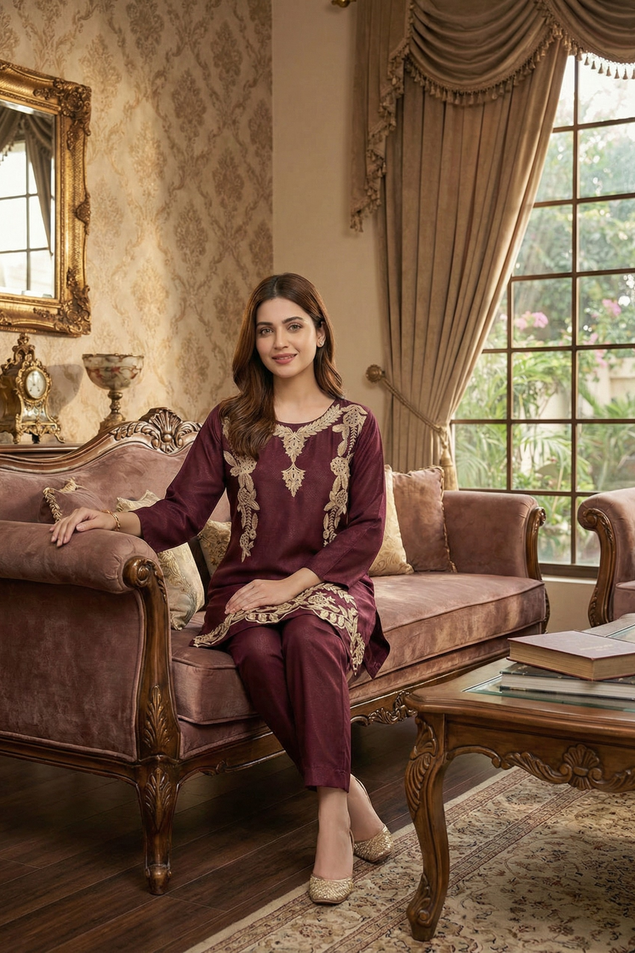 Maroon Aari Work Cotton Co-ord Set | Handcrafted Embroidery