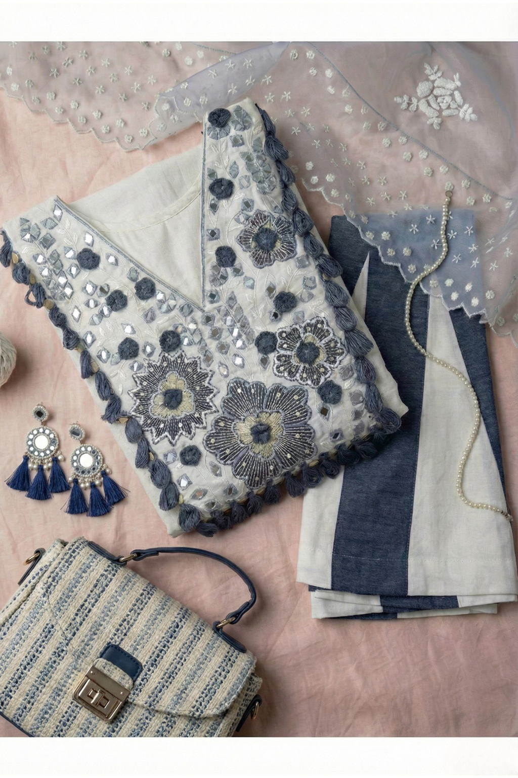 Ivory Mirror Work Kurta Set with Navy Striped Palazzo